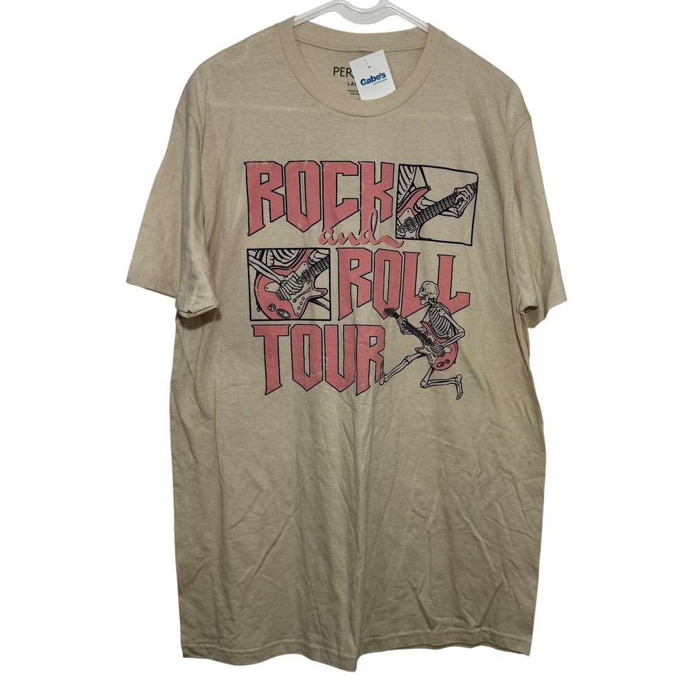 Persaya Rock and Roll Tour Graphic T-Shirt Tan Pink Skeleton‎ Guitar NWT Large